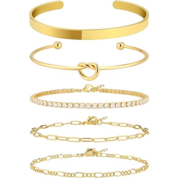 14K Gold Plated Stackable Bangle Cuff Bracelet Set for Women - Picture 1 of 7